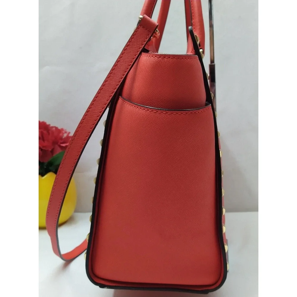 Michael Kors Selma Red Saffiano Leather Studded Top Handle Satchel Shoulder Bag